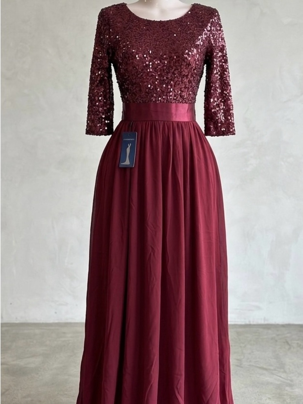 Women's Sequin Bodice Chiffon Evening Dress - Burgundy